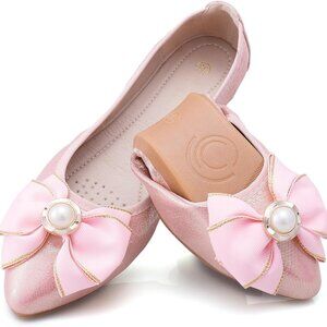 Women's Foldable Ballet Flats Rhinestone Pointed Toe Slip-On Comfort Dress Shoes